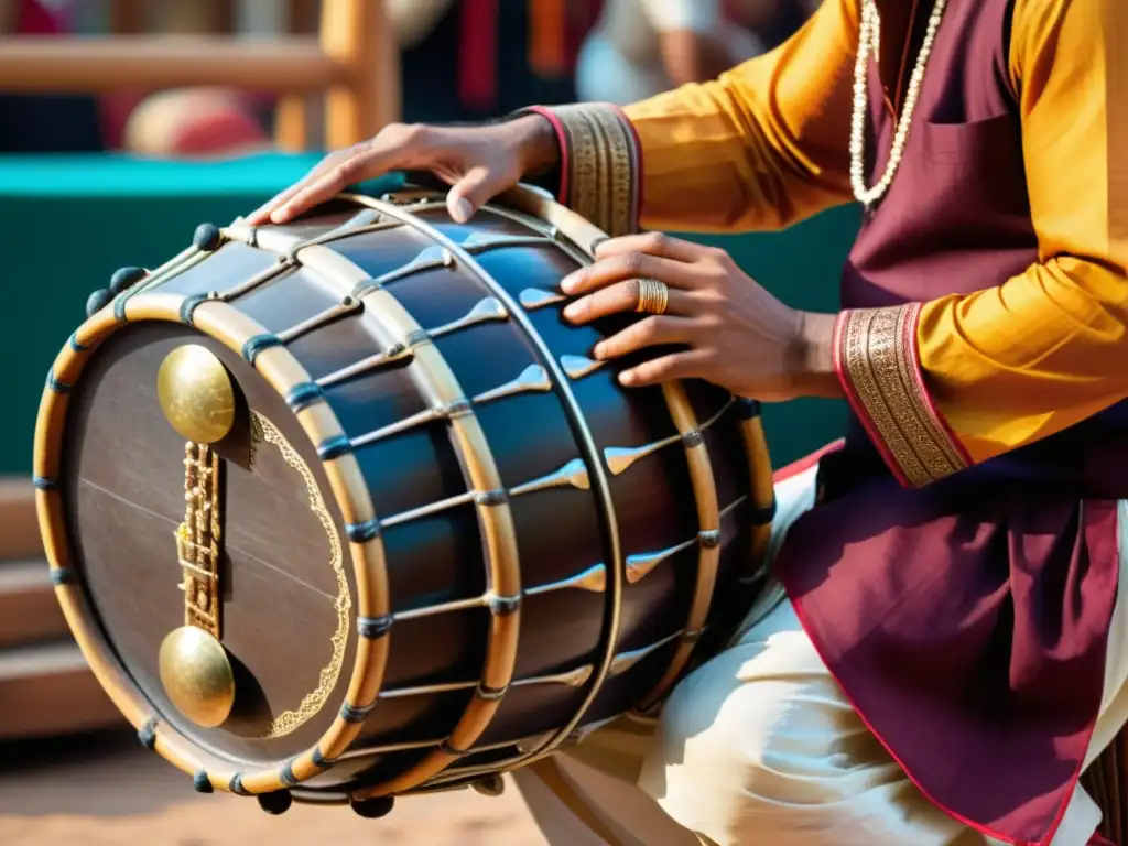 Un músico hábil toca el dholak en un bullicioso mercado indio, resaltando la historia y construcción del dholak en la música contemporánea de la India