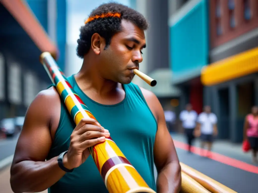 Un músico toca el didgeridoo en la ciudad, fusionando tradiciones culturales