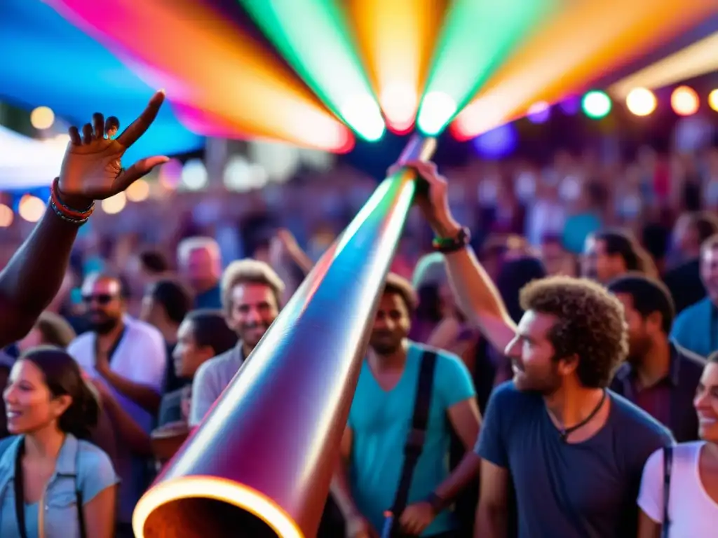 Un músico toca un didgeridoo electrónico en un festival de música dance moderna, con luces de colores y una multitud eufórica al fondo