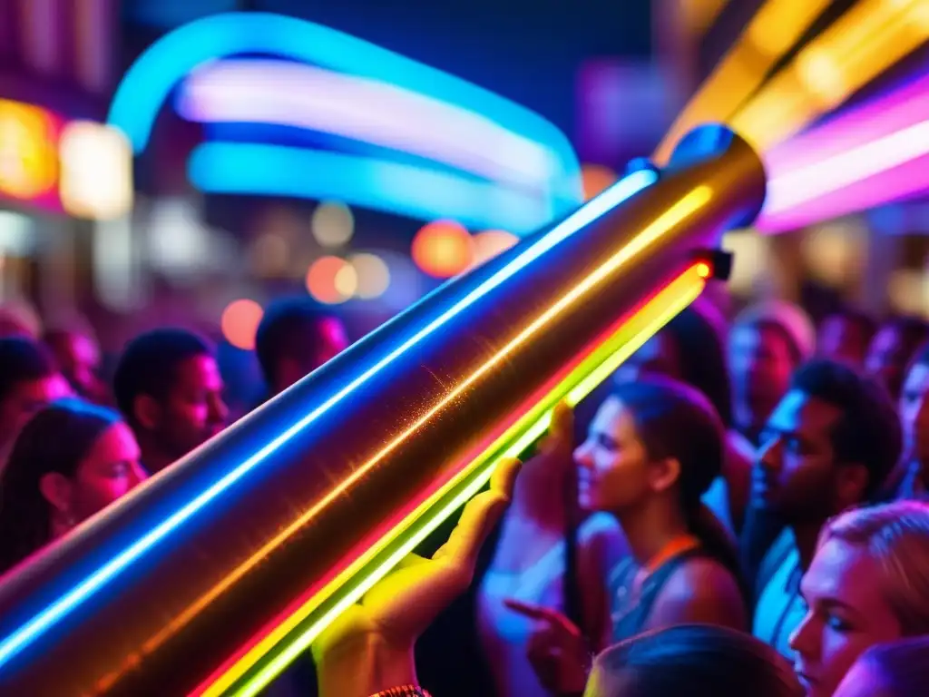 Un músico toca un didgeridoo electrónico entre luces de neón y una multitud bailando, fusionando lo tradicional con lo moderno en la música dance