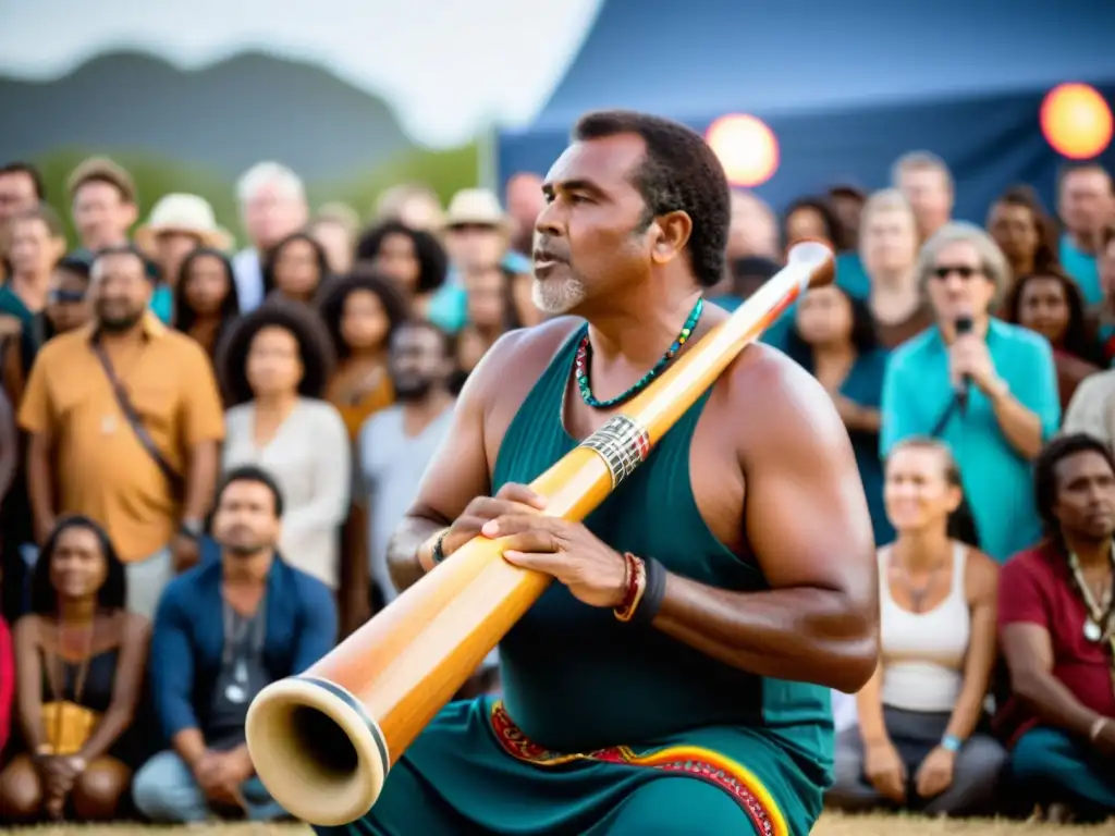 Un músico toca el didgeridoo en un festival, con una audiencia diversa y comprometida