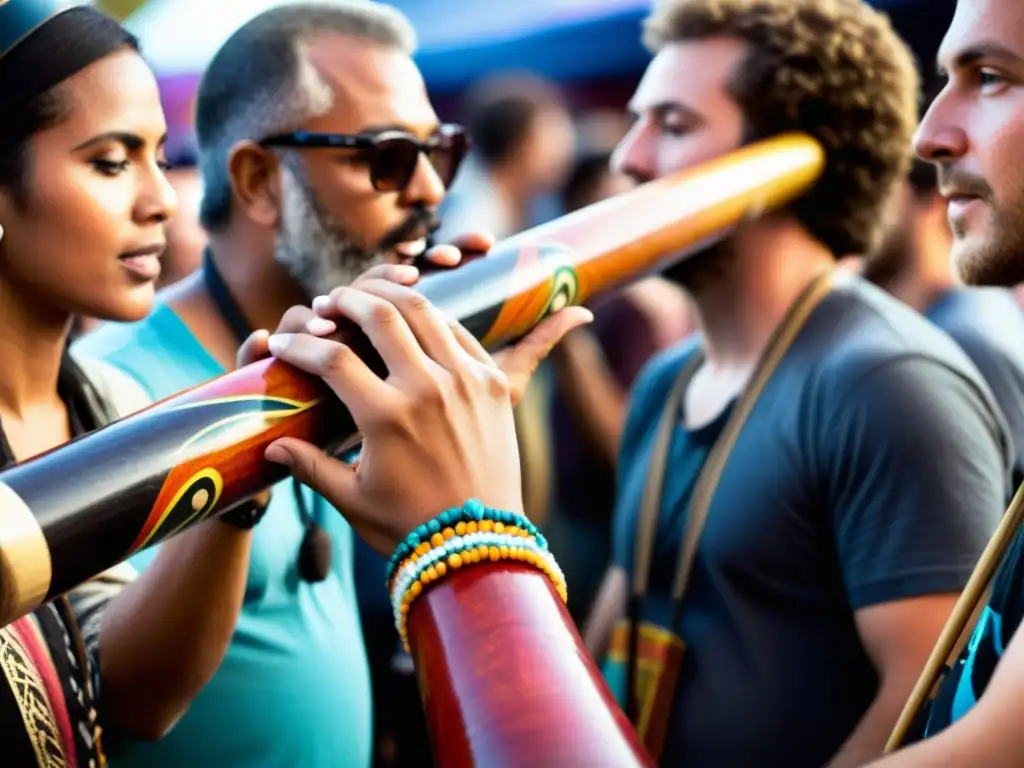 Un músico toca un didgeridoo en un festival indie, mostrando las intrincadas pinturas del instrumento