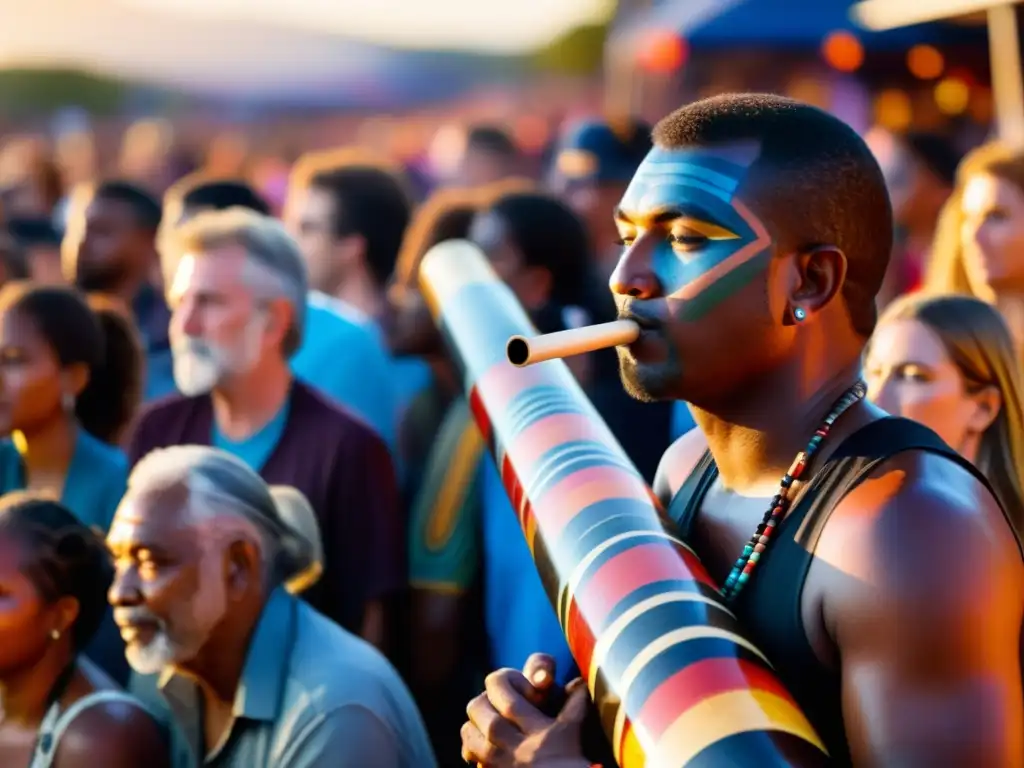 Un músico toca el didgeridoo en un vibrante festival al aire libre, con la gente escuchando atentamente