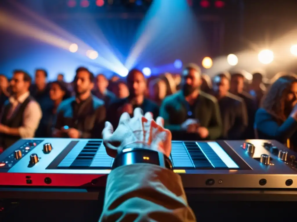 El músico manipula dispositivos electrónicos en un escenario tenue, con una multitud al fondo