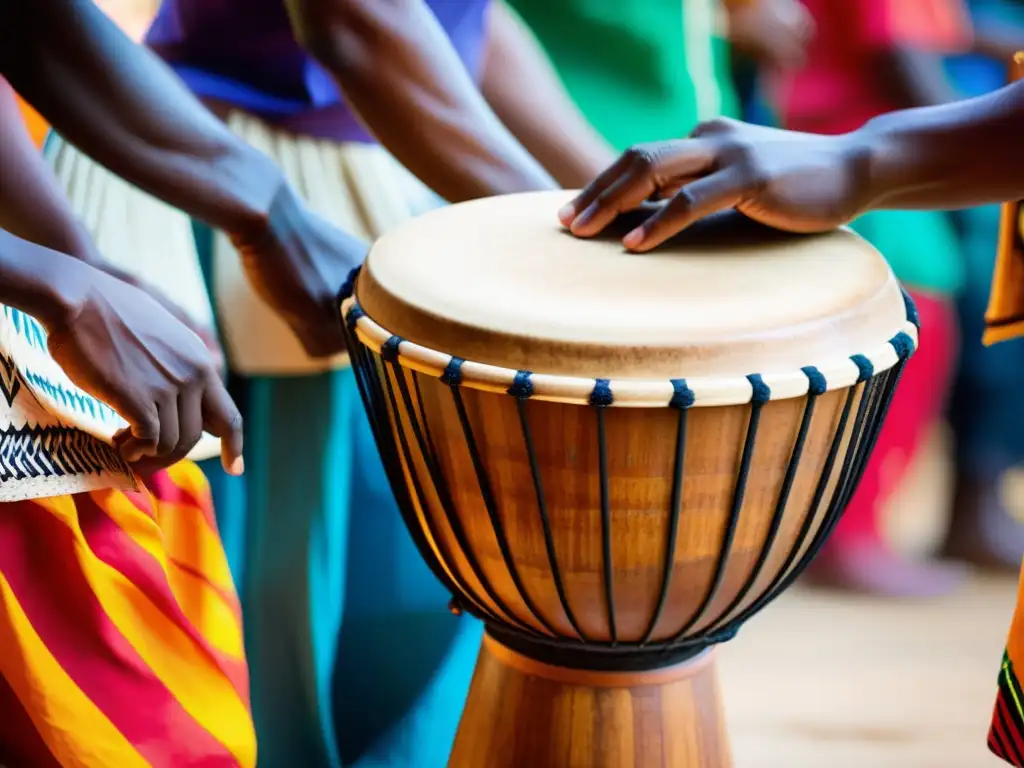 Un músico toca con precisión un djembé africano ornamentado, mientras la gente celebra