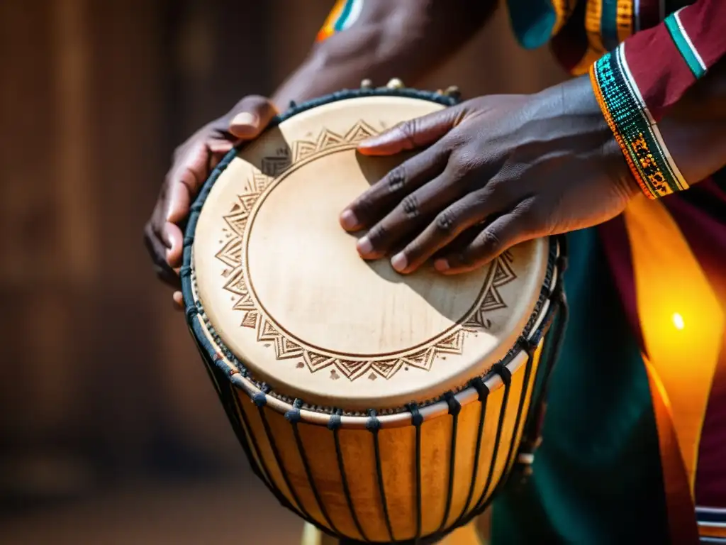 Un músico toca un Djembe, un tambor tradicional africano, resaltando la influencia de los instrumentos percusión africanos