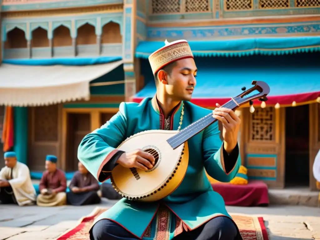 Un músico tocando la dombra en el bullicioso mercado de Samarkanda