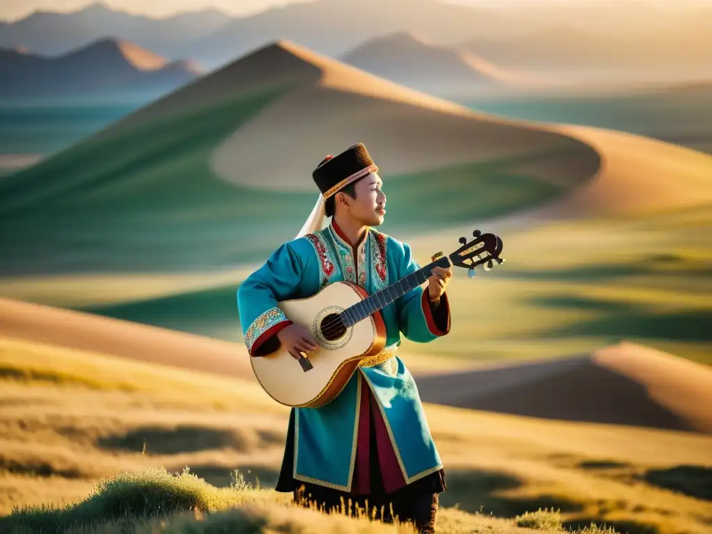 Un músico kazajo toca la dombra en las vastas estepas de Kazajistán