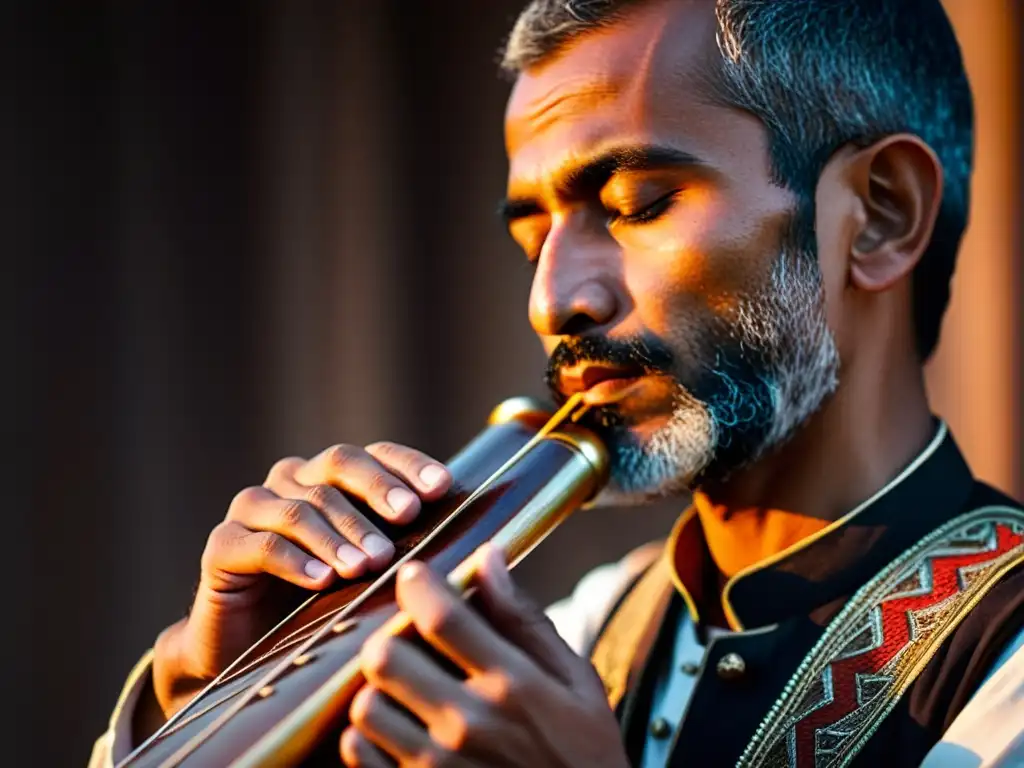 Un músico de Duduk armenio toca con pasión al atardecer, resaltando la rica historia cultural del instrumento