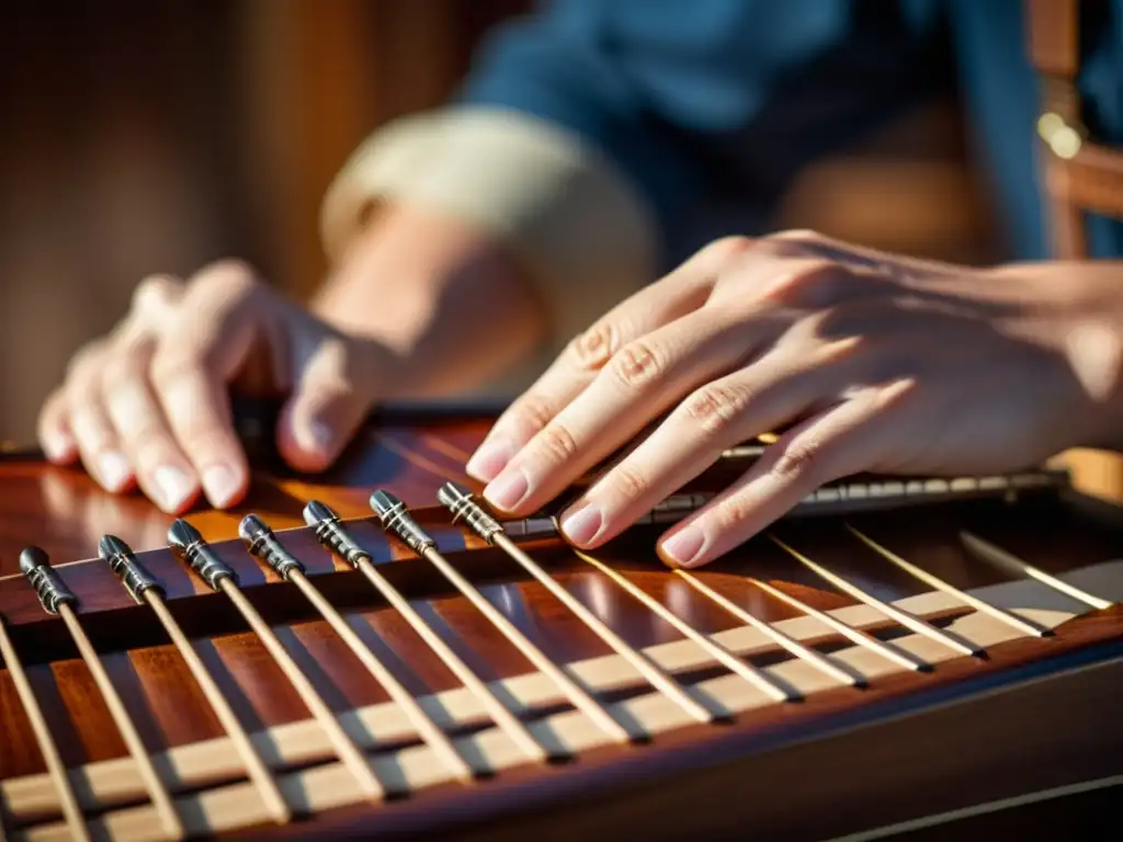 Un músico toca el dulcémele Apalaches, creando música espiritual con intensa concentración