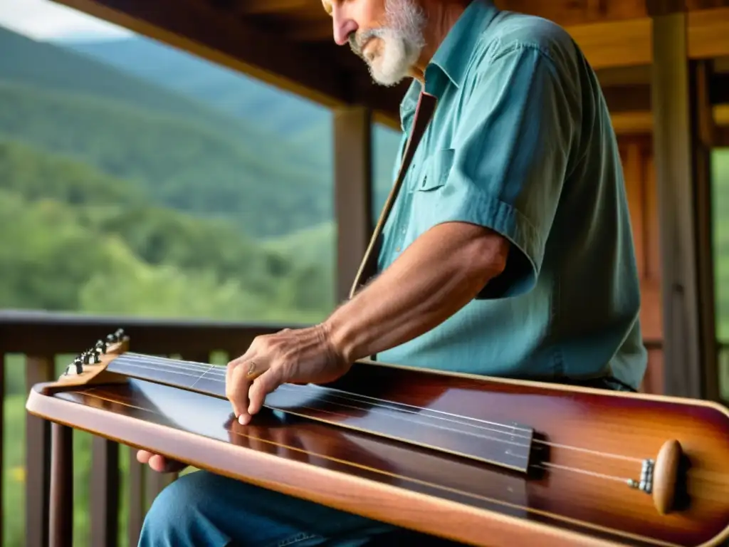 Un músico toca con precisión un dulcémele apalaches en el porche de una casa, con las montañas de los Apalaches de fondo