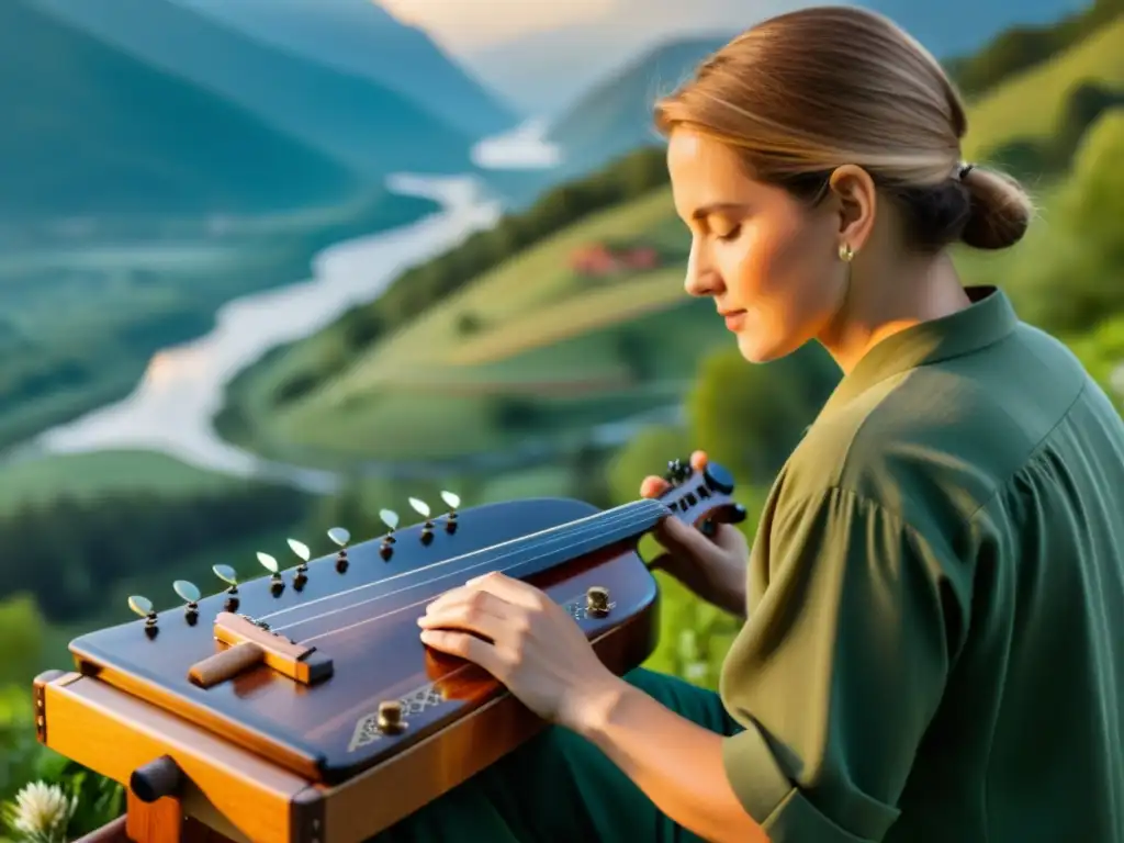 Un músico toca un dulcémele en un entorno montañoso, con detalles del instrumento y las manos del intérprete