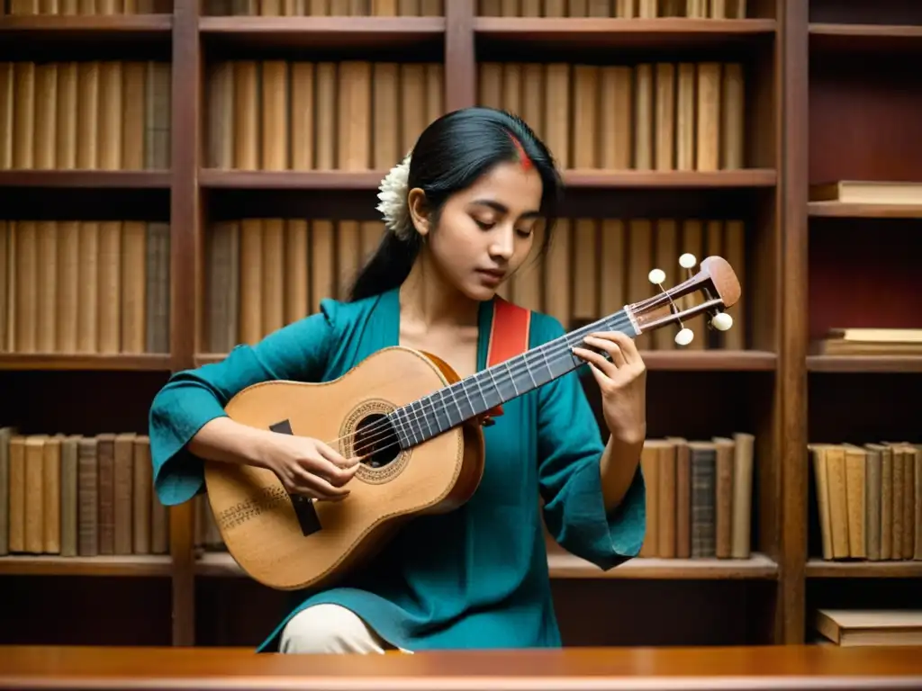 Un músico toca un Dutar en una habitación llena de historia y significado cultural