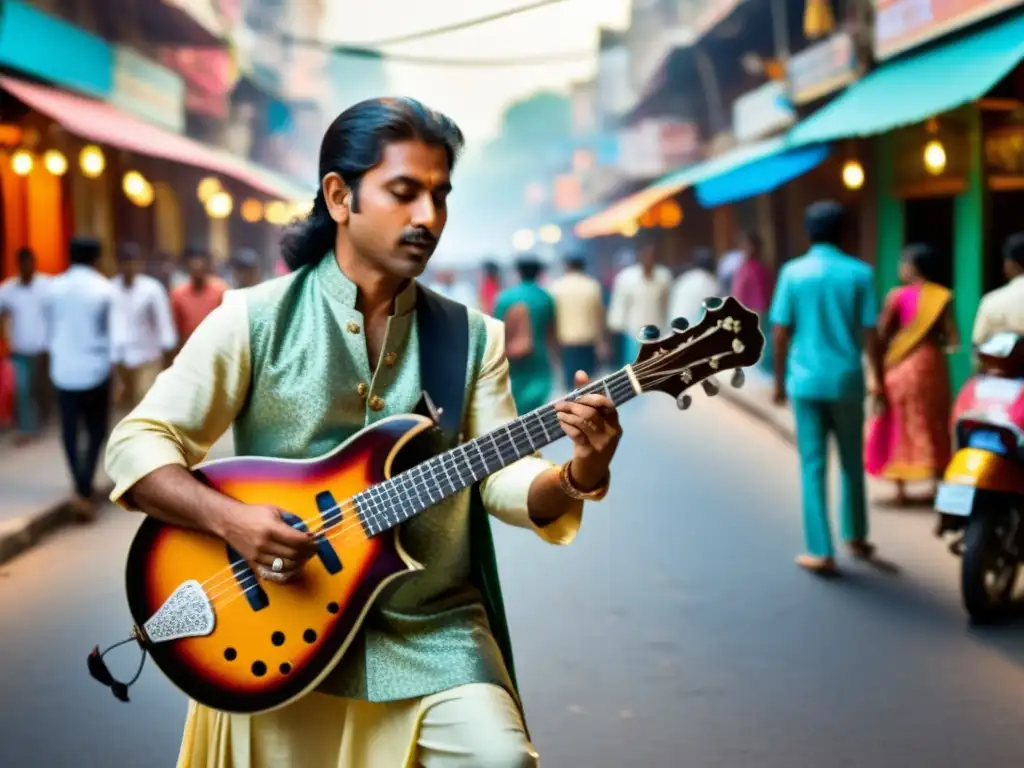 Un músico toca un sitar eléctrico en una bulliciosa calle de la India, fusionando lo tradicional con lo moderno