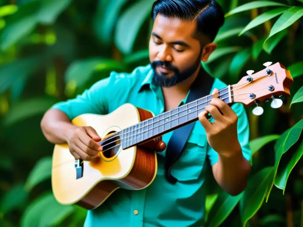 Un músico toca un ukelele eléctrico personalizado en medio de exuberante vegetación tropical, fusionando lo tradicional con lo moderno