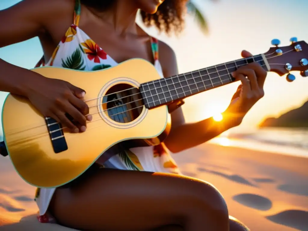 Un músico toca un ukelele eléctrico en una playa tropical al atardecer, con el mar y las palmeras de fondo