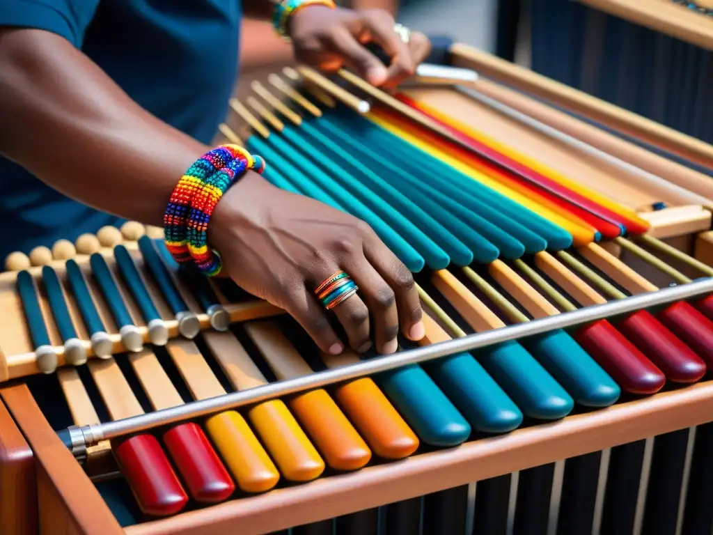 Un músico toca la marimba electrónica con pasión, destacando su destreza y la fusión de tradición y tecnología