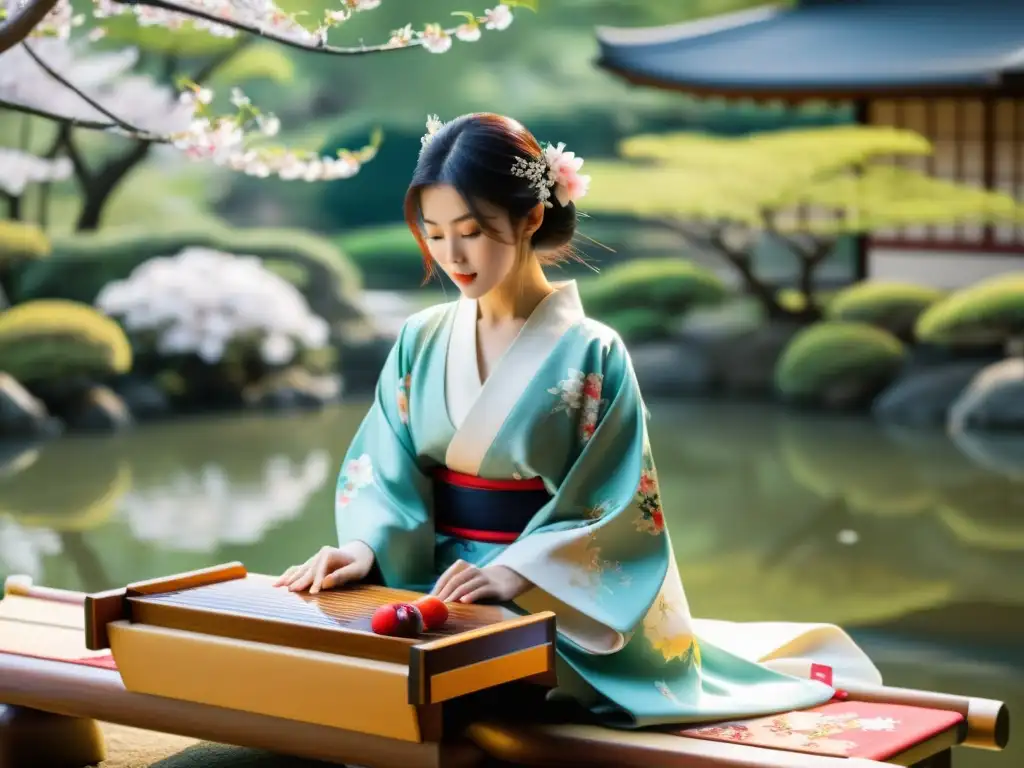 Un músico viste un elegante kimono y toca un koto japonés en un jardín tradicional, rodeado de cerezos en flor