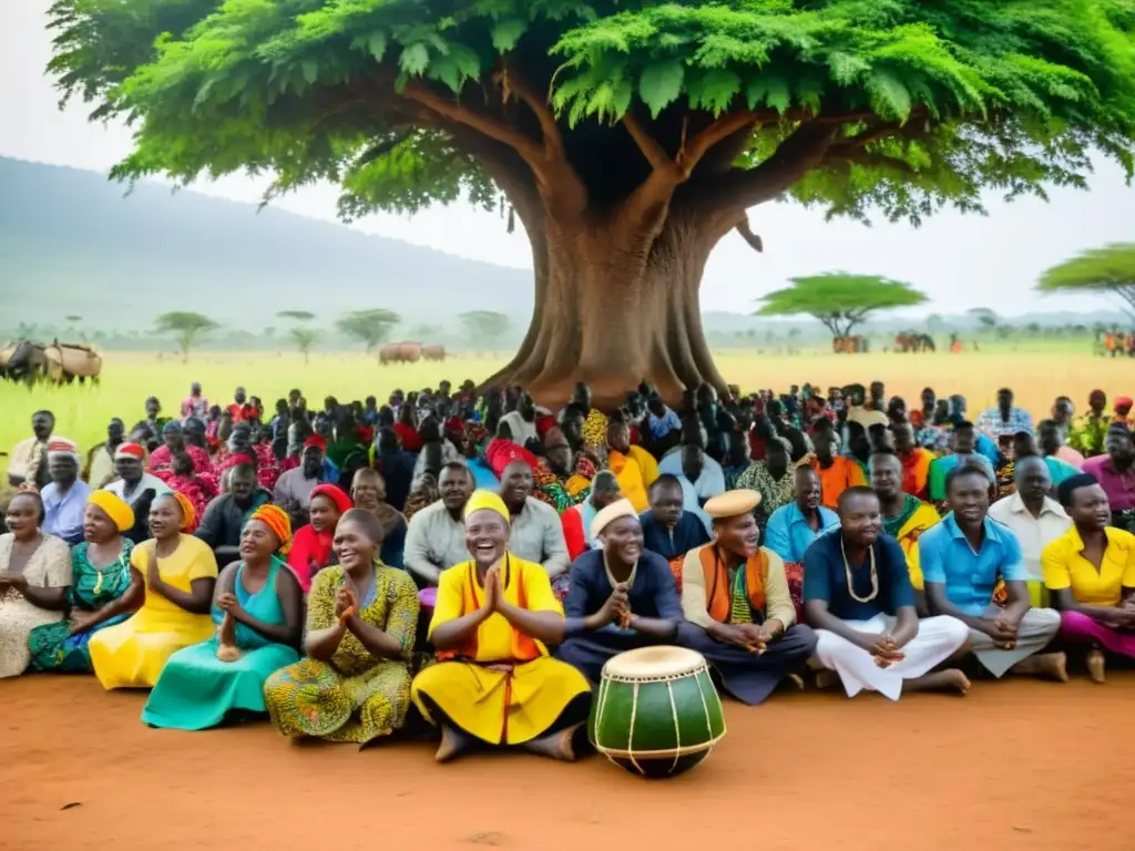 Un músico ugandés toca el Endongo bajo un árbol, rodeado de aldeanos