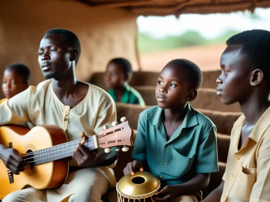 Un músico ugandés toca el Endongo mientras jóvenes estudiantes observan con atención