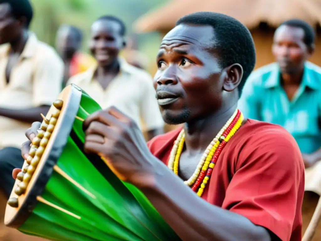 Un músico ugandés toca el Endongo con pasión, rodeado de aldeanos cantando y bailando