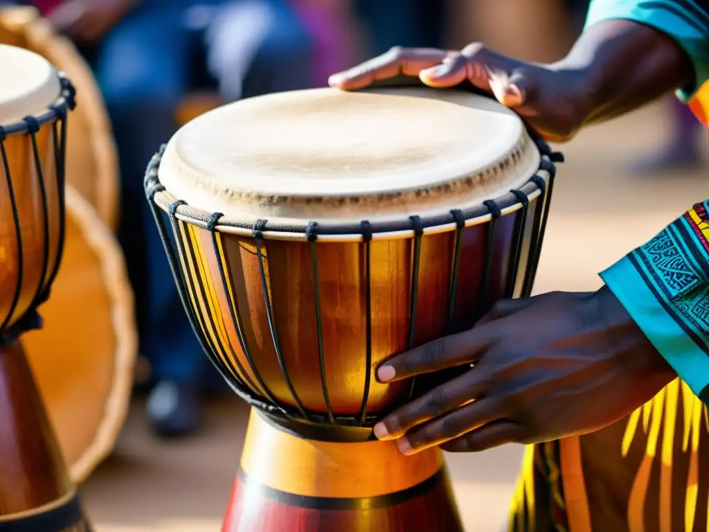 Un músico toca con energía un djembe africano durante una actuación vibrante