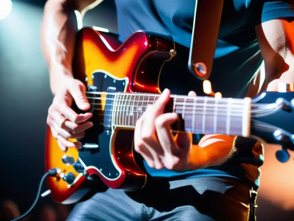 Un músico captura la energía del escenario al tocar su guitarra eléctrica en un vibrante concierto en vivo