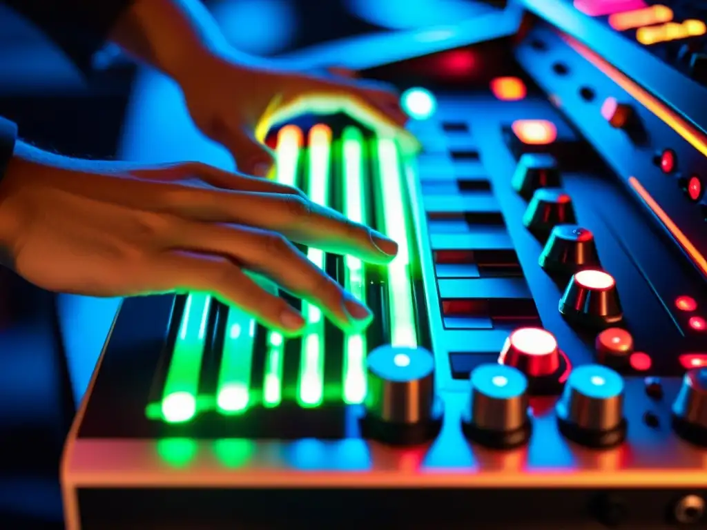 Un músico enfocado manipula los controles de un teclado MIDI, con la luz digital iluminando su expresión concentrada