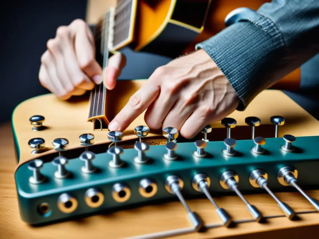 Un músico enfocado manipula las cuerdas de una guitarra preparada, destacando las técnicas de guitarra preparada con objetos diversos