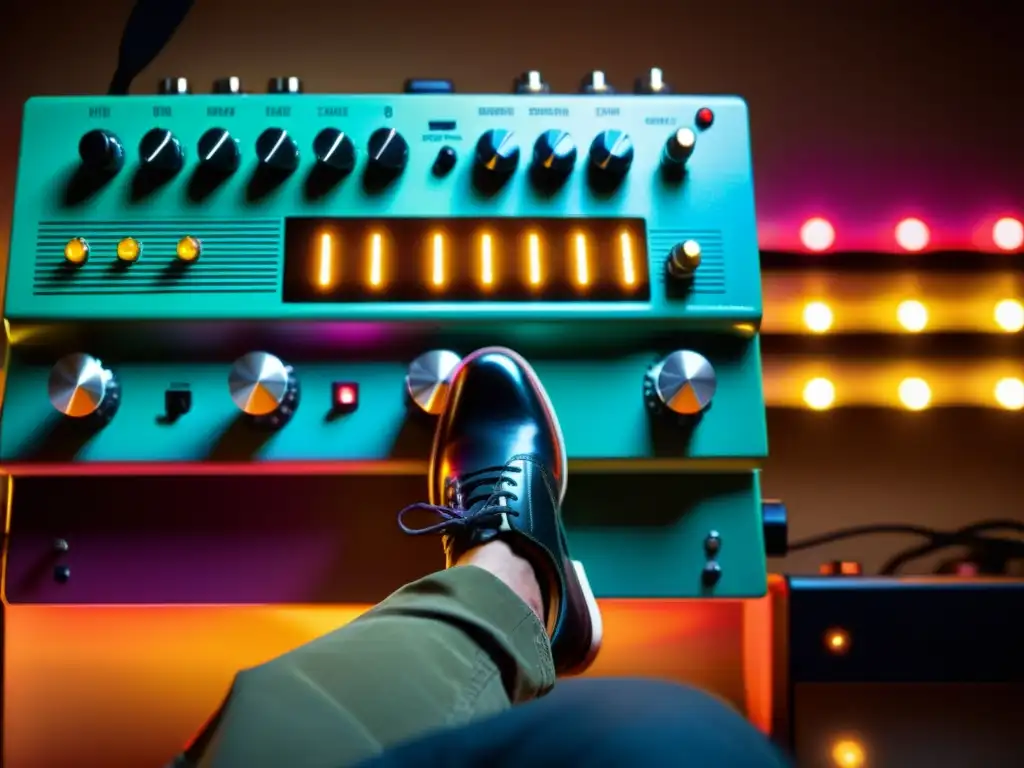 Un músico enfocado presiona pedales de efecto de guitarra de colores, con luces LED suaves y cables creando un patrón hipnótico