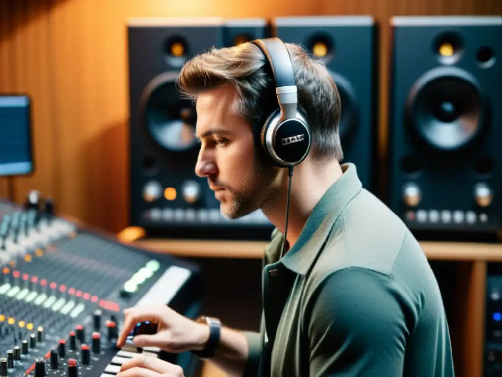 Un músico enfocado selecciona y muestrea sonidos en un estudio, rodeado de instrumentos y equipo de audio