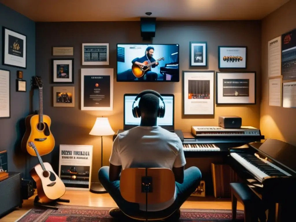 Un músico enfocado viendo tutoriales en línea rodeado de instrumentos musicales en una habitación llena de memorabilia musical