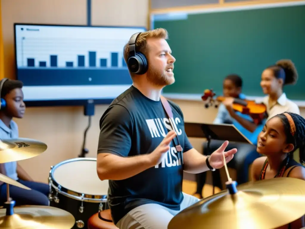 Un músico enseña a estudiantes en una clase de educación online para aprender instrumentos, en un ambiente dinámico y apasionado