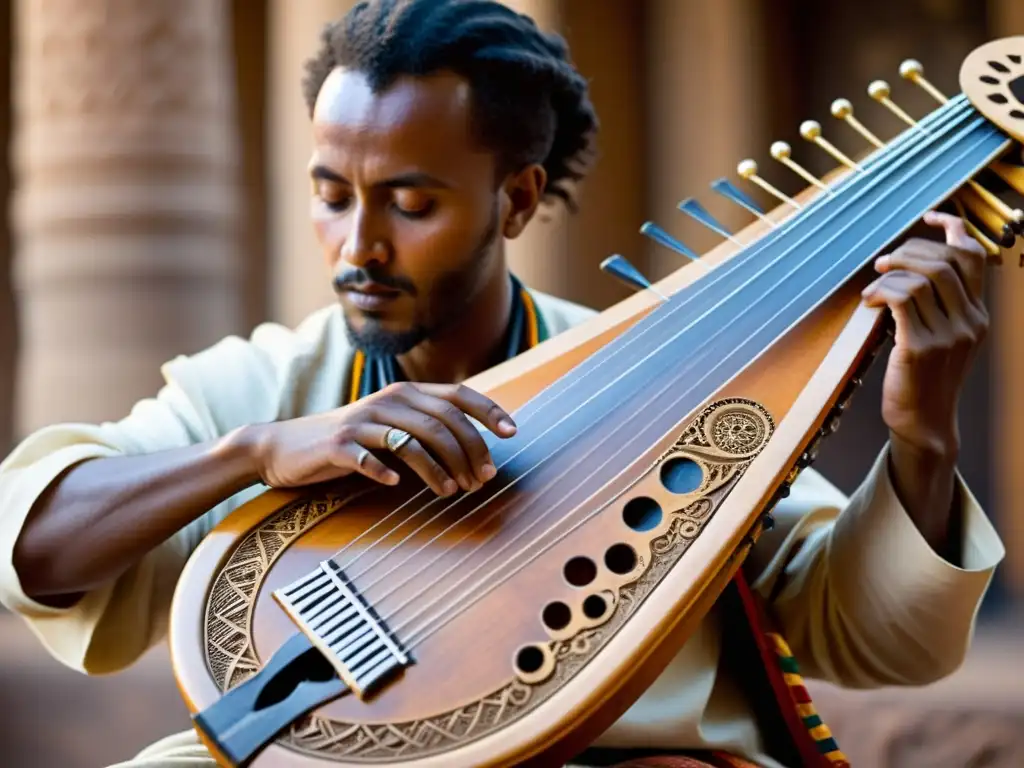 Un músico toca una nyckelharpa etíope en un entorno histórico, destacando la historia y sonido del Nyckelharpa etíope