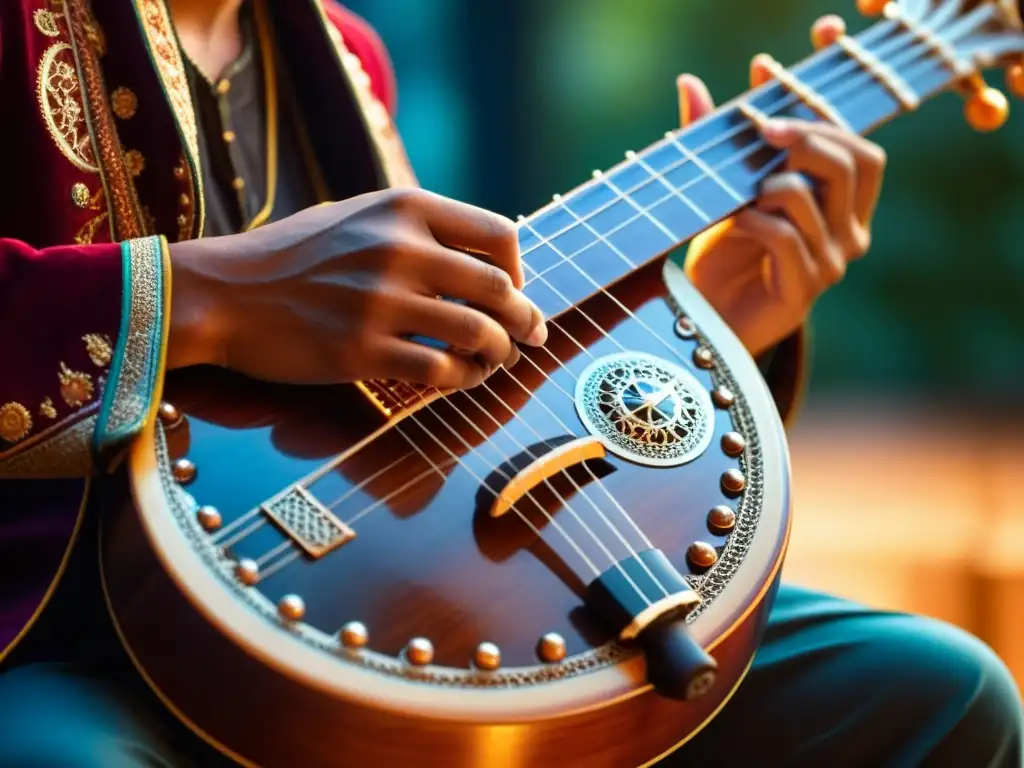 Un músico interpreta el sitar en un entorno moderno, destacando las técnicas modernas de sitar con detalle y pasión