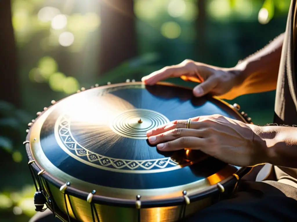 Un músico toca el Hang Drum en un entorno natural sereno, mostrando el origen y sonido del Hang Drum en una imagen detallada y evocadora