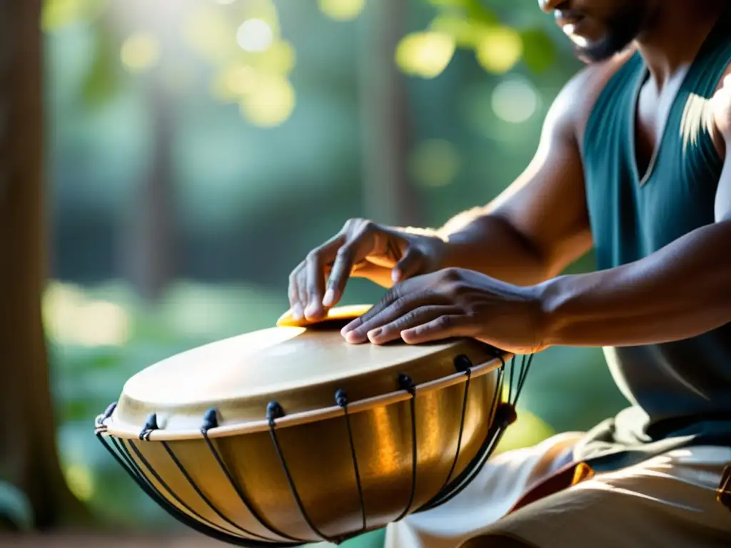 Un músico toca un hang drum en un entorno natural sereno, con luz suave entre los árboles