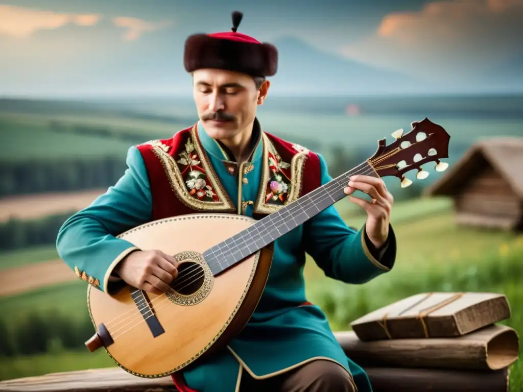 Un músico toca una balalaika en un entorno rural ruso, resaltando el origen y evolución de la balalaika