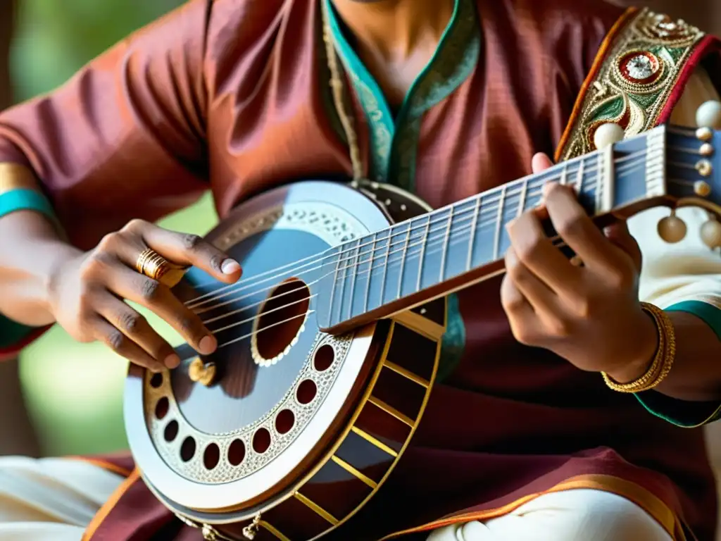 Un músico toca un sitar en un entorno sereno y meditativo, evocando una conexión espiritual a través de la música