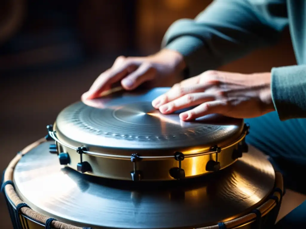 Un músico toca un hang drum con pasión en un entorno sereno