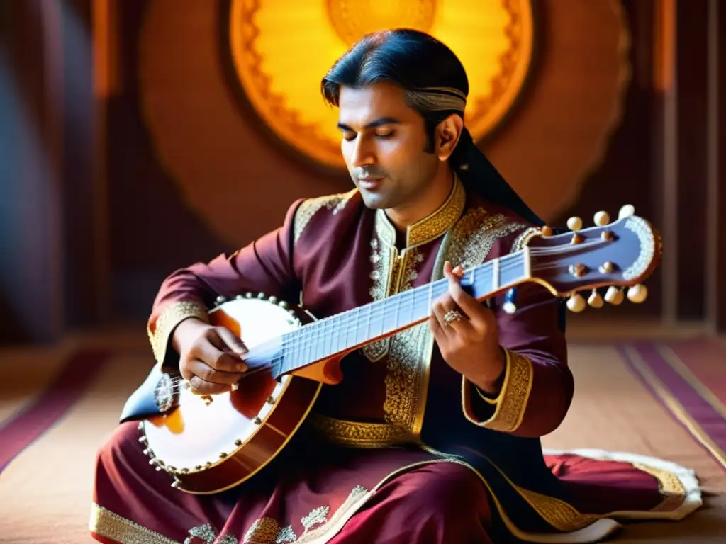 Un músico hábil toca el sitar en un entorno tradicional indio, resaltando la importancia espiritual del sitar en la India