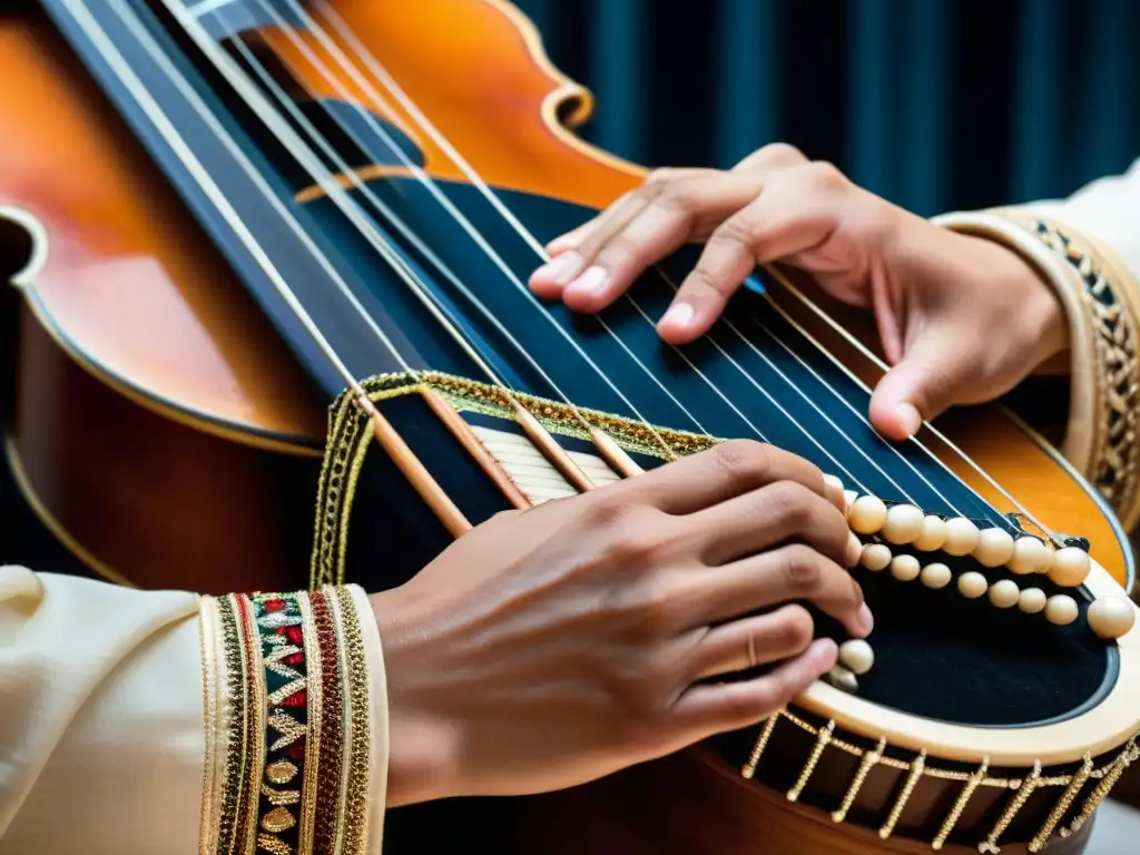 Un músico interpreta con pasión el Kanun en un entorno tradicional del Medio Oriente, transmitiendo la rica historia y sonido del Kanun