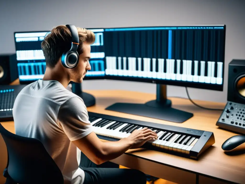 Un músico ajusta ergonómicamente su estación de trabajo digital para crear música con comodidad y eficiencia