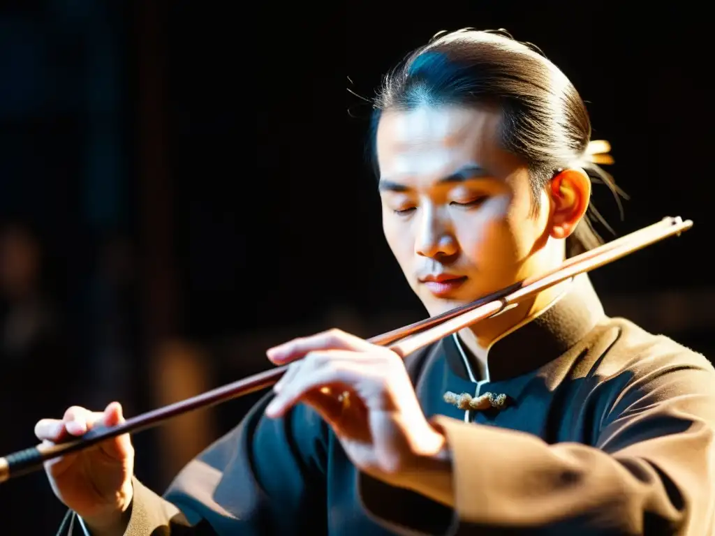 Un músico hábil toca el erhu en un ambiente atmosférico