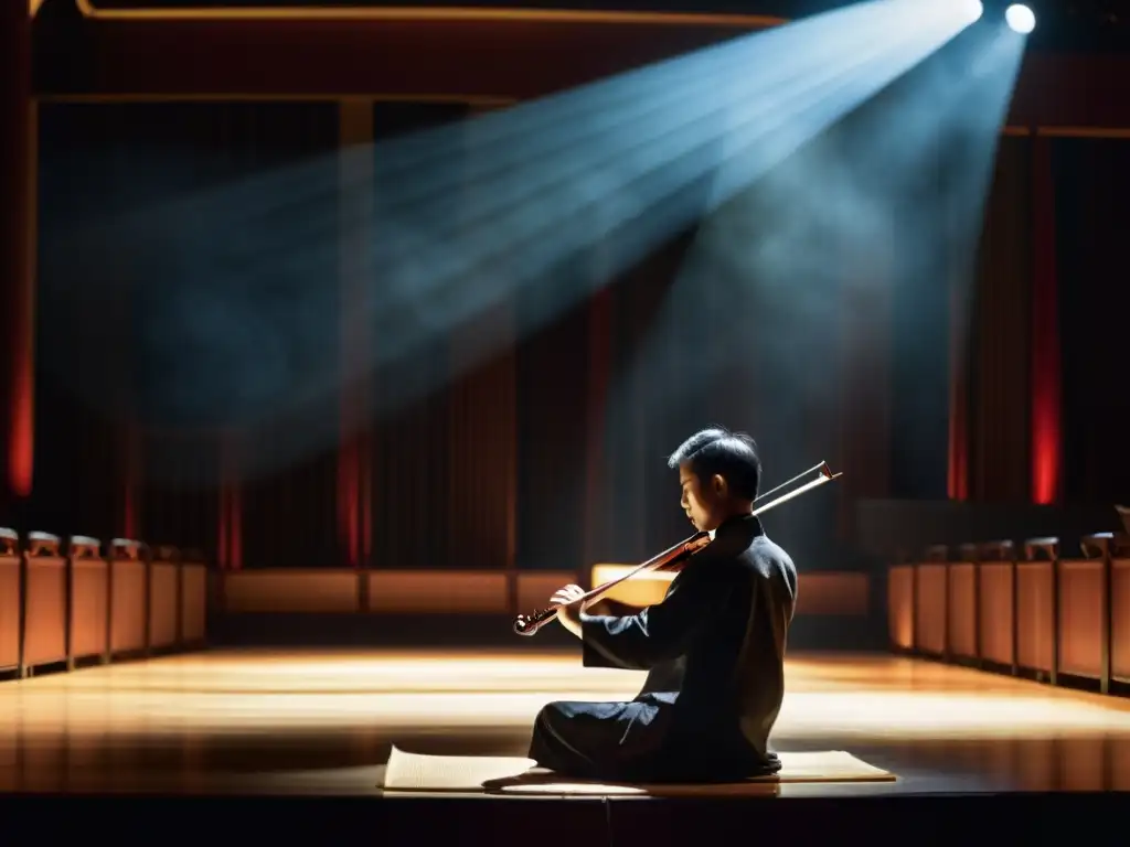 Un músico toca un erhu chino en un teatro, con expresión intensa y público admirando