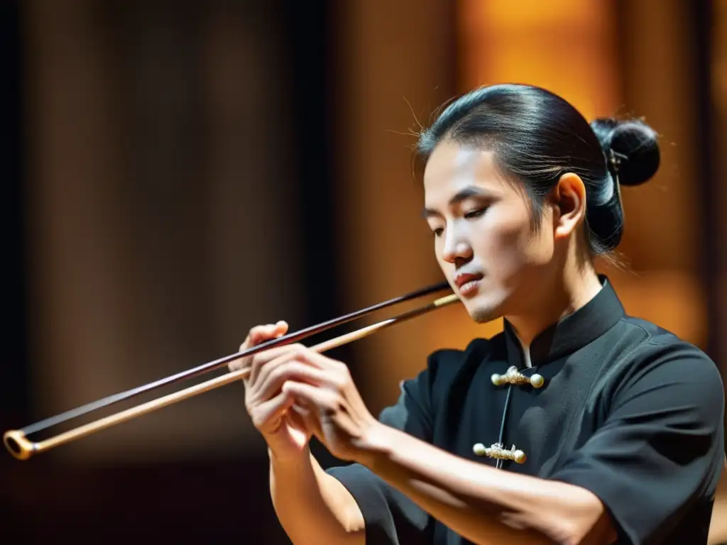 Un músico hábil toca el erhu con destreza, iluminado por una suave luz de escenario