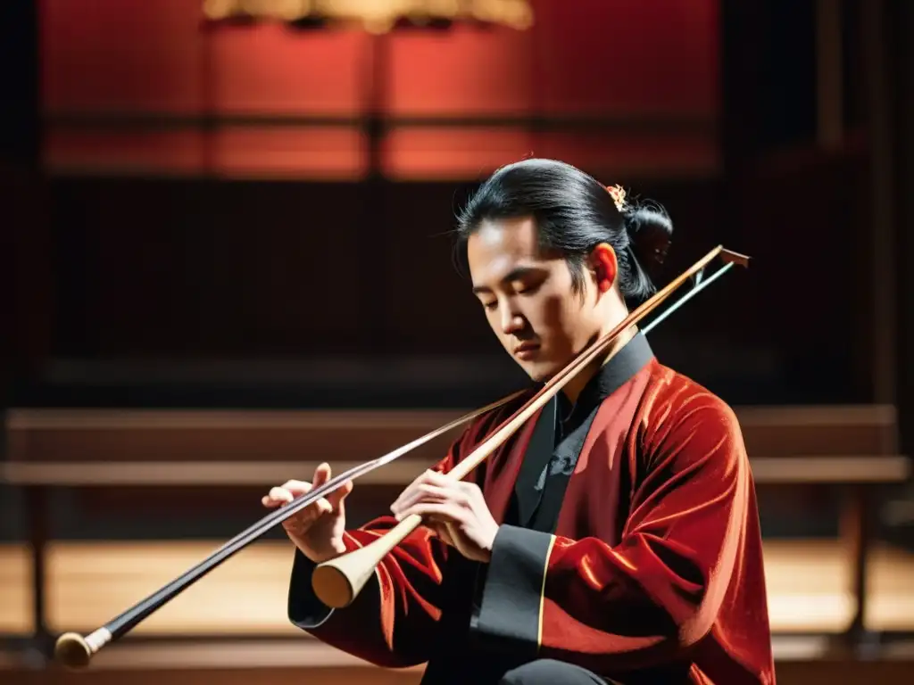 Un músico toca un erhu en un escenario iluminado en rojo, fusionando tradiciones musicales orientales y occidentales