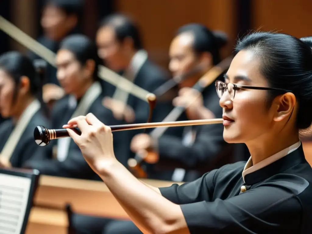 Un músico toca un erhu frente a una orquesta sinfónica occidental, fusionando influencias musicales asiáticas con la tradición clásica occidental