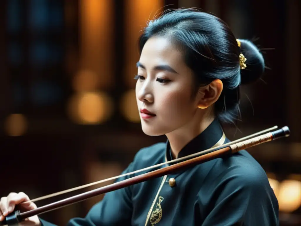 Un músico toca un erhu en una habitación tenue, destacando la historia y sonido del erhu