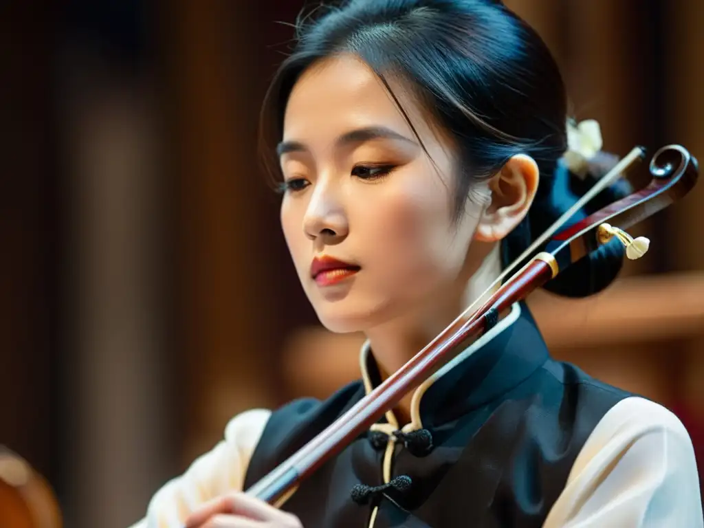 Un músico toca con pasión un erhu en una sinfonía, resaltando la artesanía de los instrumentos tradicionales en música sinfónica